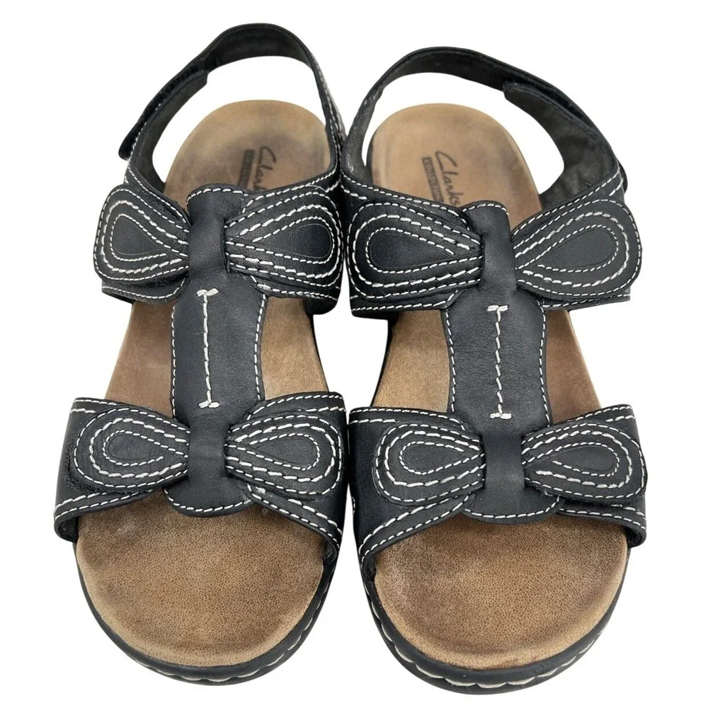Clarks Lexi Walnut Sandals Womens 8.5 M Black Leather Wedge Casual Bow Stitching